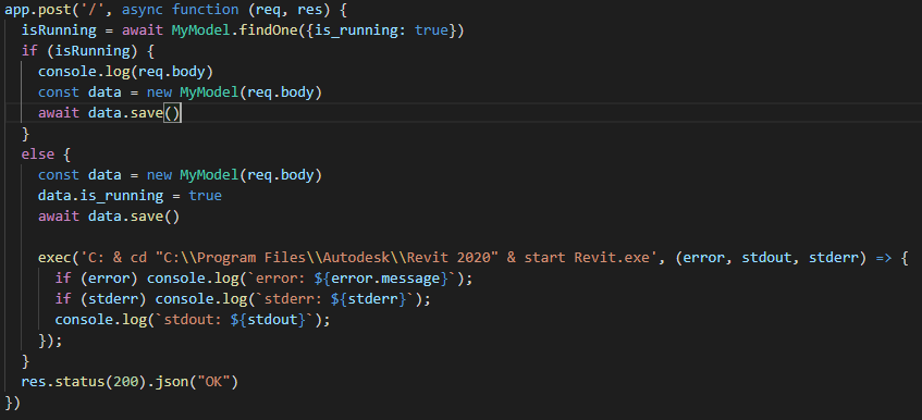 How to create a Node.js server and execute a cmd command from a POST request